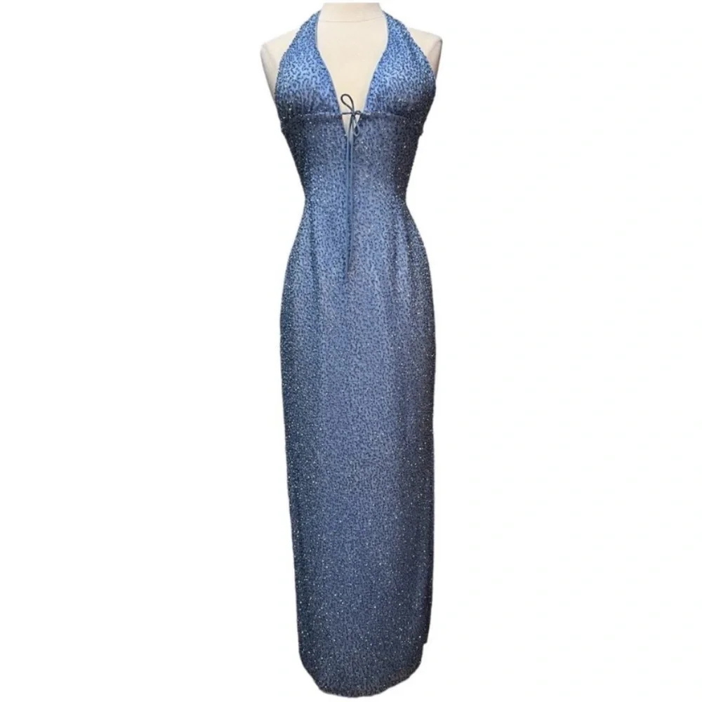 Vintage 90’s Y2K 100% Silk Dress Silk Slip Dress Mermaid Fairy Prom Blue Beaded - Picture 5 of 9